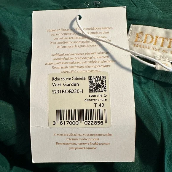 Sézane Green Tie-Strap Mini Dress Linen Blend Cutout Back Size 42 Large NWT - Picture 7 of 10